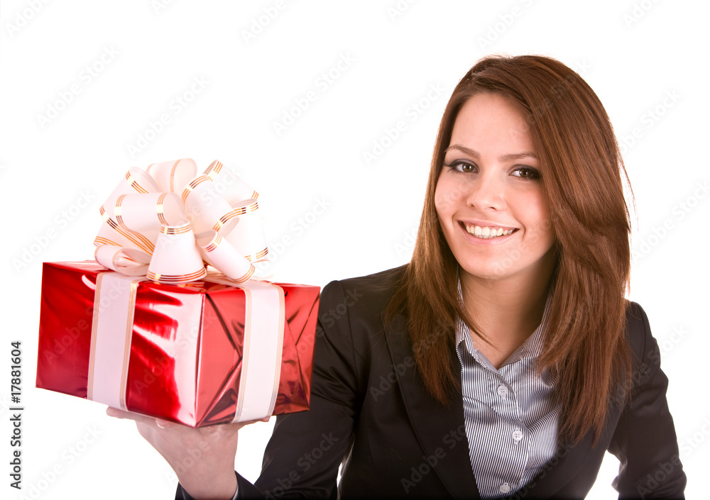 Girl in business suit with christmas red box. Isolated. Girl in business suit with christmas red box. Isolated.