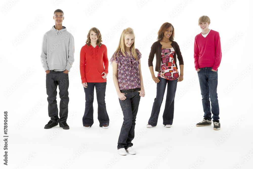 Full Length Studio Portrait Of Five Teenage Friends Full Length Studio Portrait Of Five Teenage Friends