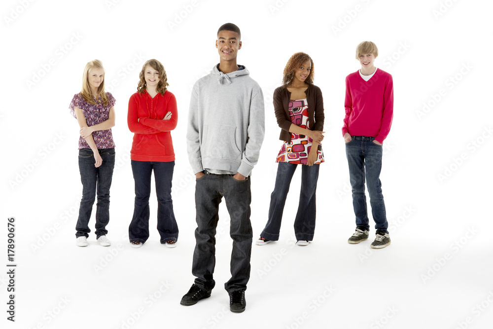 Full Length Studio Portrait Of Five Teenage Friends Full Length Studio Portrait Of Five Teenage Friends