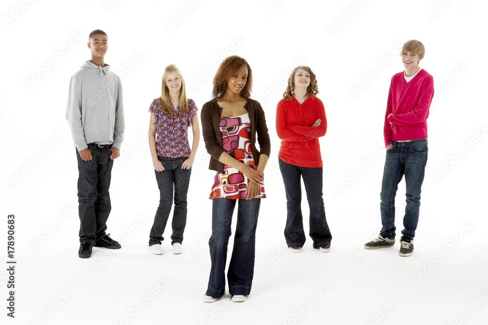 Full Length Studio Portrait Of Five Teenage Friends Full Length Studio Portrait Of Five Teenage Friends