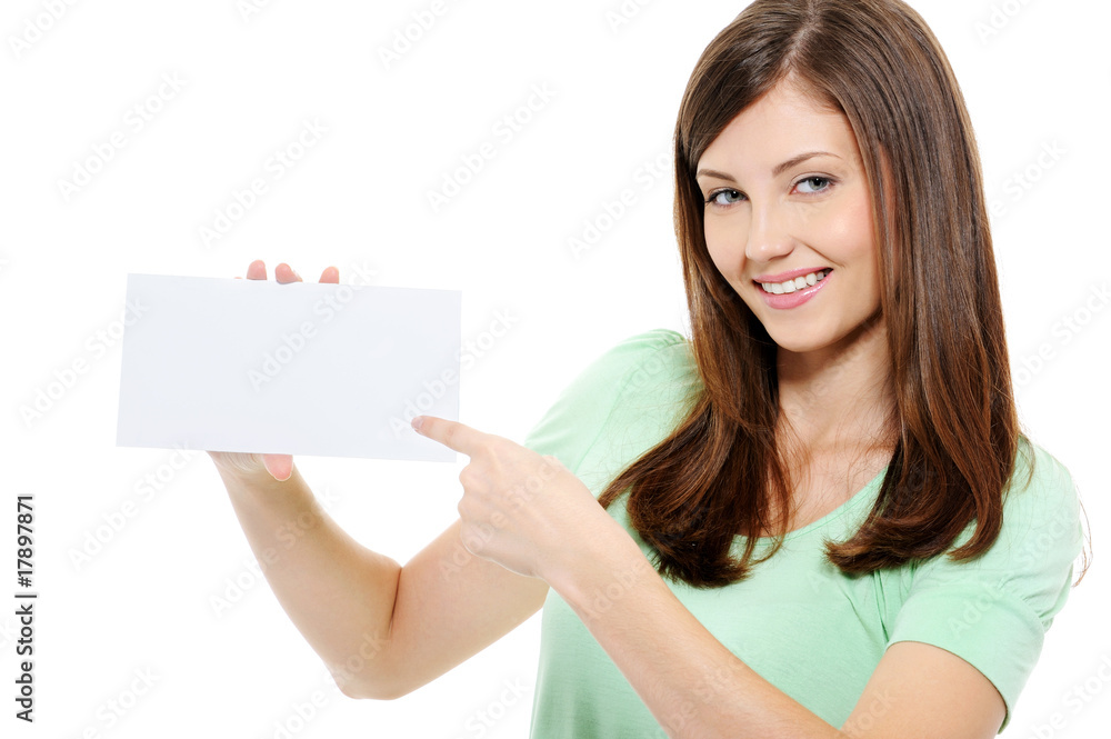 Young beauty woman pointing on the blank card Young beauty woman pointing on the blank card
