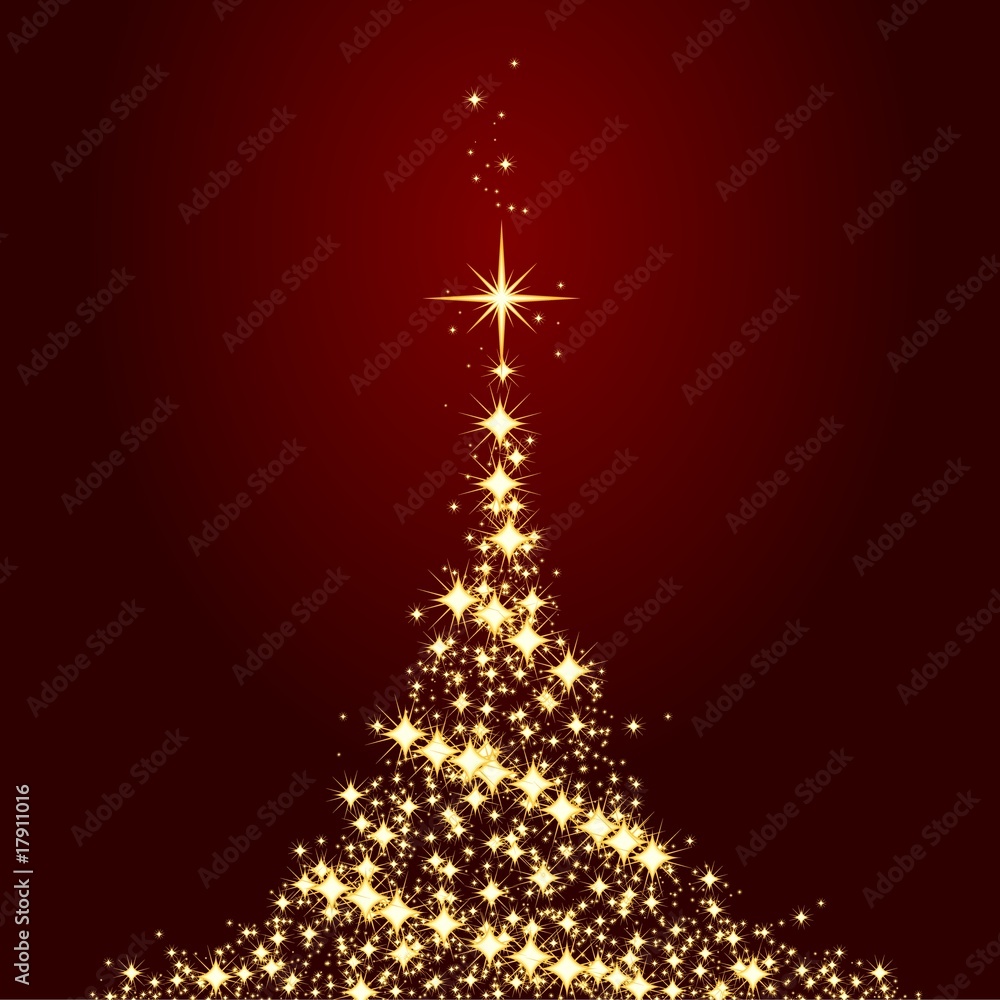 Dark red Christmas card with shining golden Christmas tree Dark red Christmas card with shining golden Christmas tree