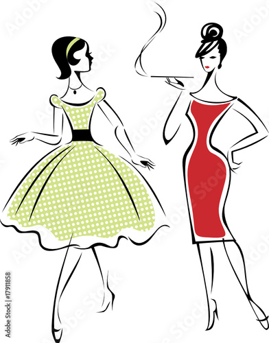 Drawing of two fashionably dressed woman