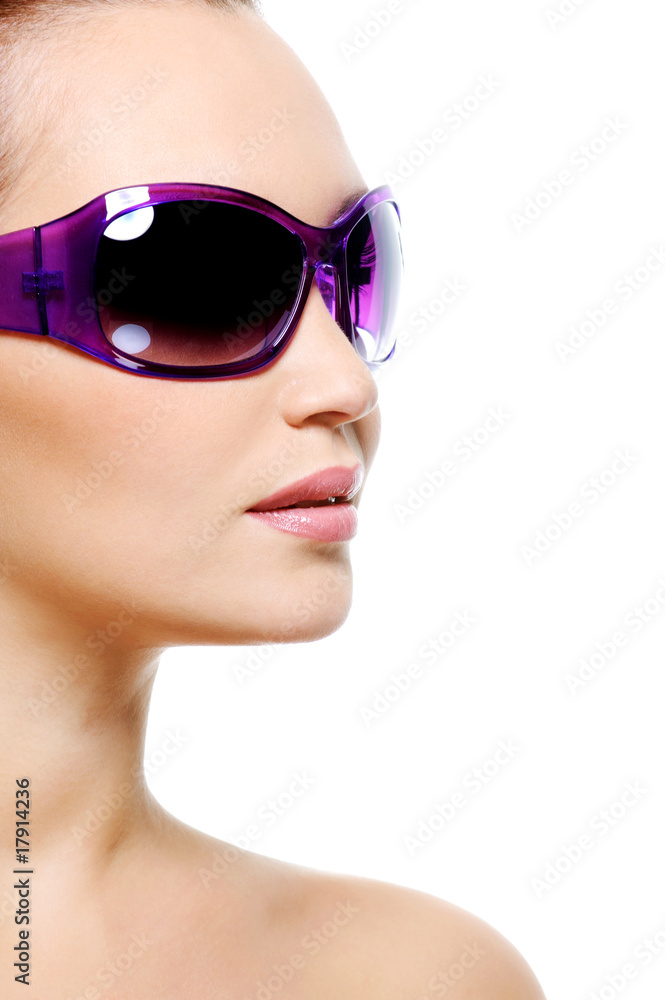 Female fashion model in purple sunglasses Female fashion model in purple sunglasses