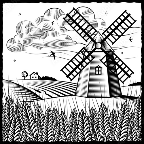 Landscape with windmill black and white