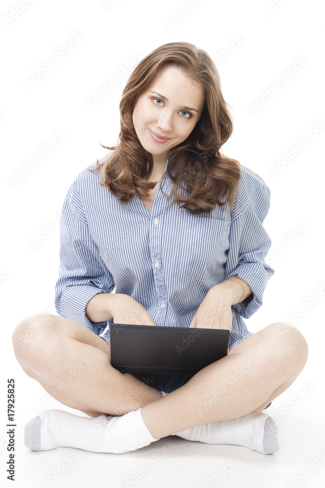 Positive young woman sit with netbook Positive young woman sit with netbook