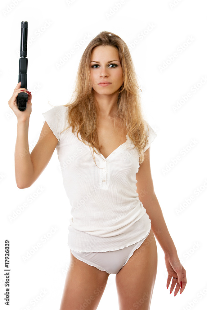 beach girl in bikini isolated on white with a gun beach girl in bikini isolated on white with a gun