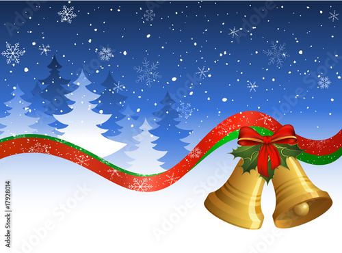 Christmas postcard with bells, holly, ribbons, trees and snow.