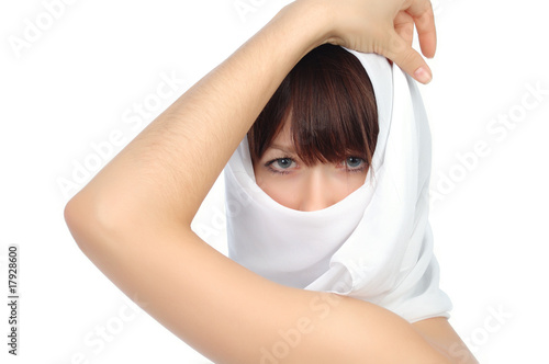 Tableau sur toile Portrait of woman against white background