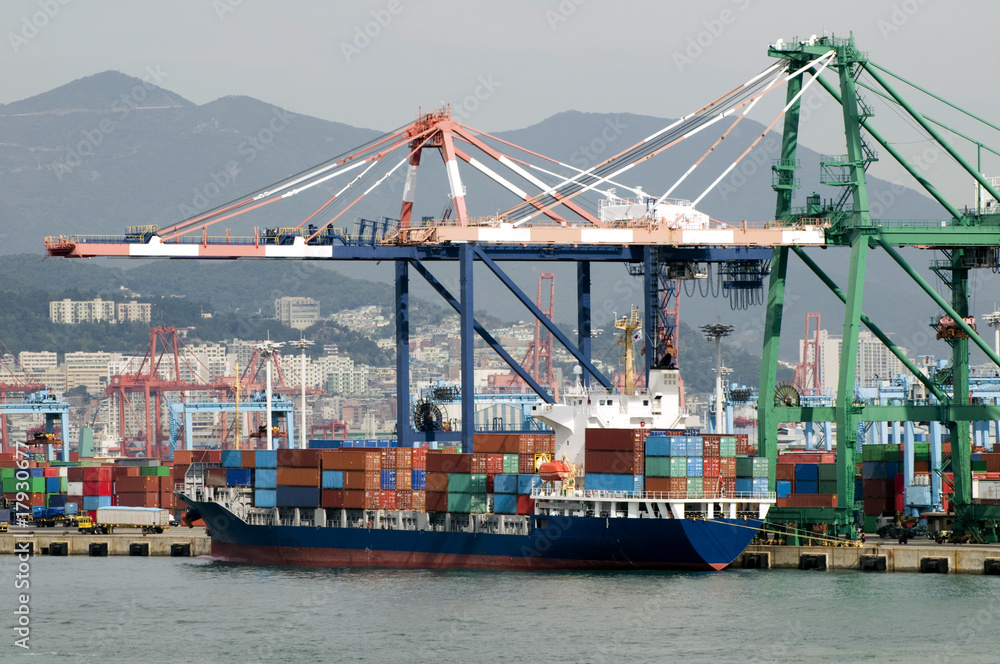 Container ship during load operations Container ship during load operations