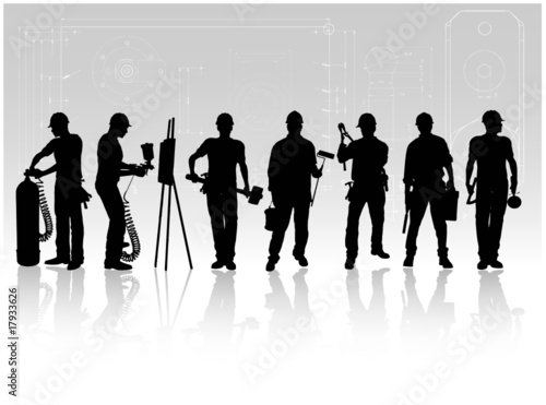 Construction workers with tools on technical background