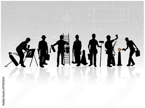 Construction workers with tools on technical background