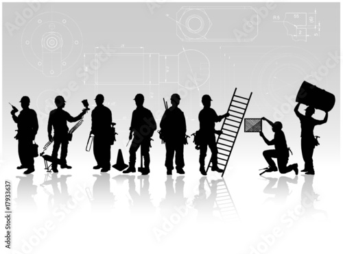 Construction workers with tools on technical background