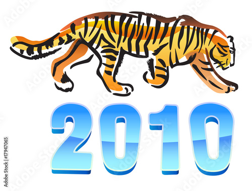 Vector illustrration of digits 2010 with walking tiger.
