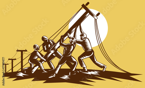 Team of linemen raising up electricity post