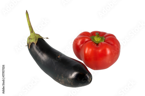 Red sweet pepper and eggplant isolated on white