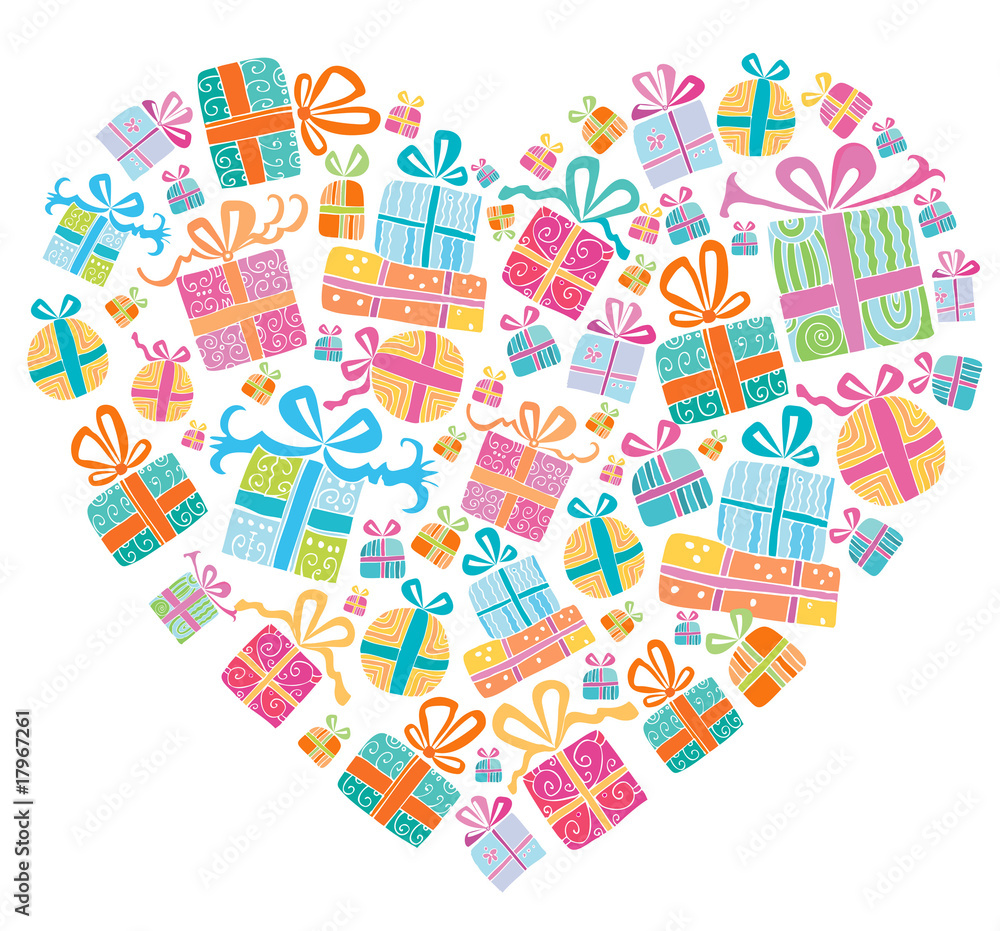 presents combined in a shape of a heart. presents combined in a shape of a heart.