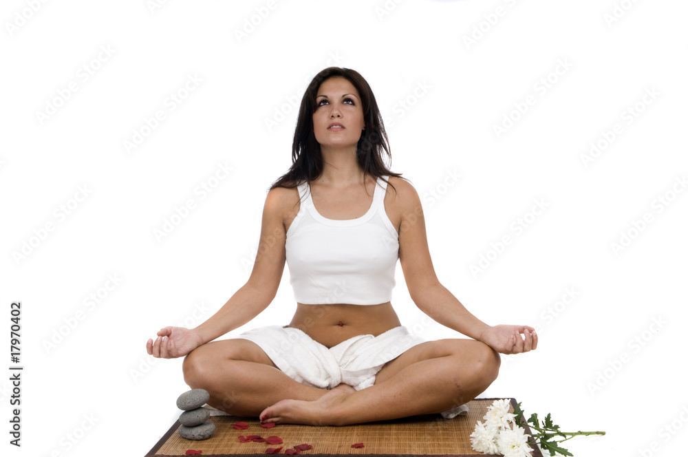 woman relaxing in yoga position with white background woman relaxing in yoga position with white background