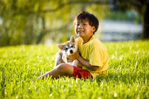 Young Asian boy holding Alaskan Klee Kai puppy sitting on grass