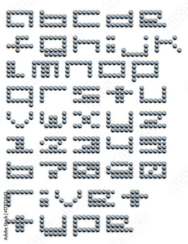 Geometrically distributed rivet type on white alphabet