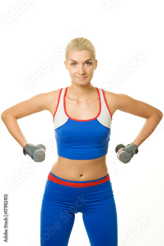 Fitness trainer with two dumbbells