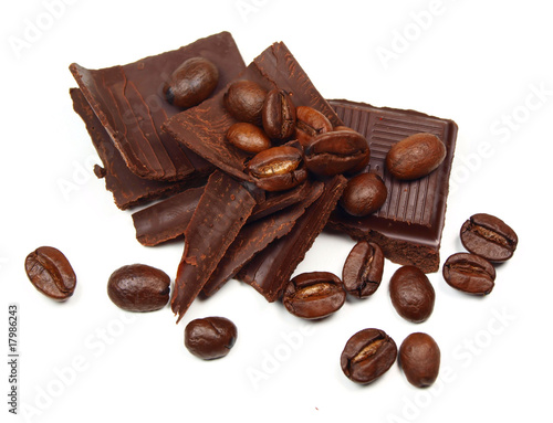 Chocolate pieces and slices with coffee beans isolated on white