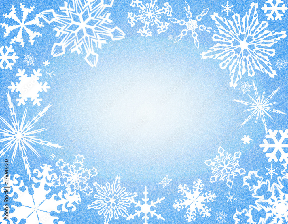 snowflakes bordering a white oval in the middle of blue sky snowflakes bordering a white oval in the middle of blue sky