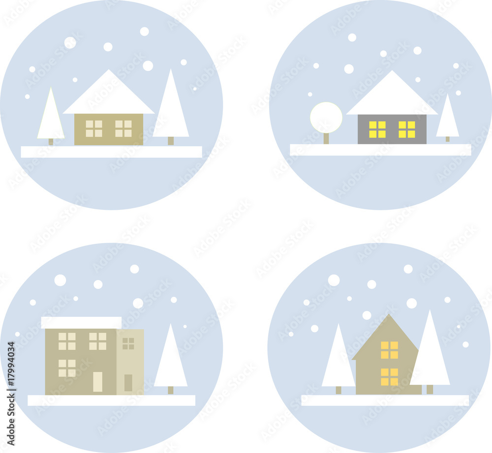 Icons: Verschneite Winterlandschaft mit Häusern (vierteilig)