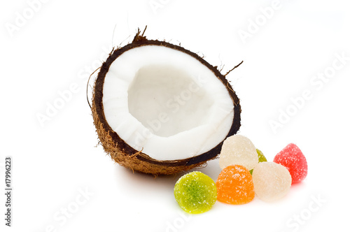 Halved coconut with jelly candies