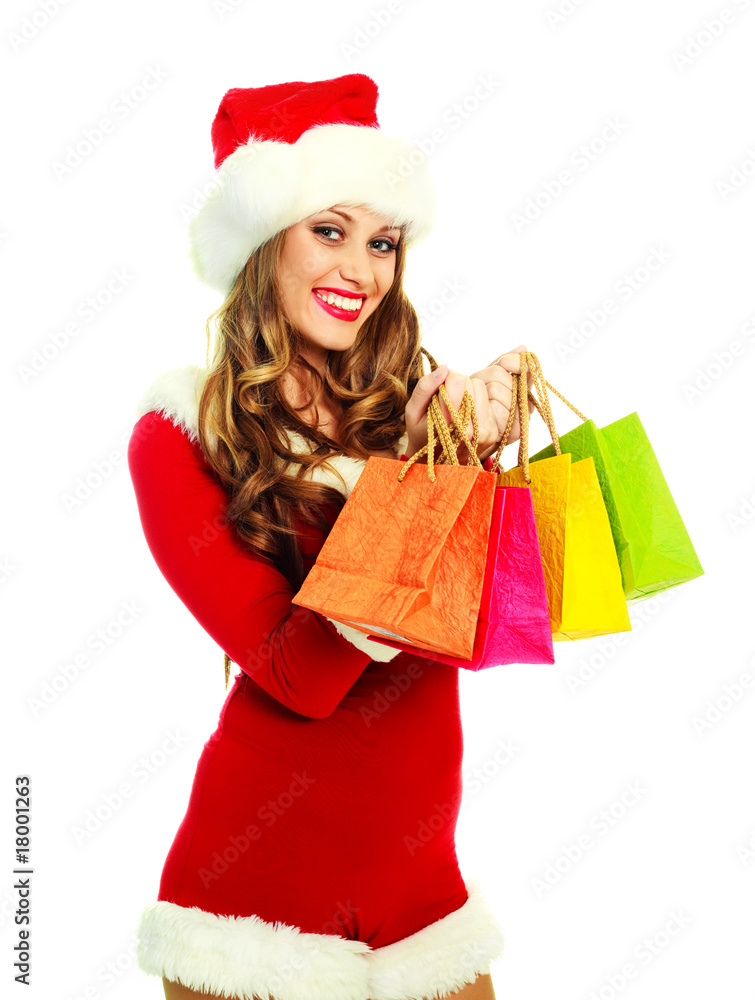 girl dressed as Santa with bags girl dressed as Santa with bags