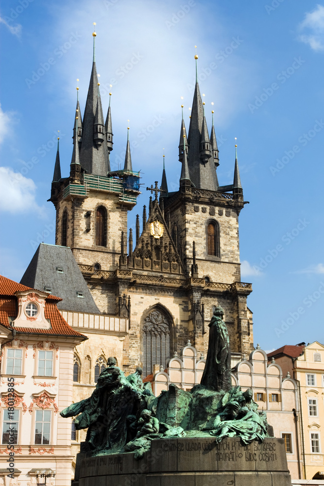 Church of Our Lady Before Tyn and Jan Hus Statue in Prague