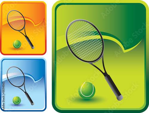 Tennis ball and racket on multicolored rip curl backgrounds
