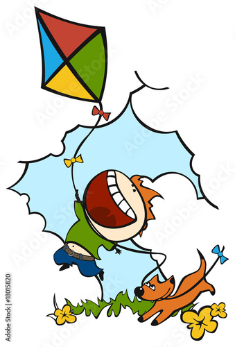 a boy and a dog playing with kite