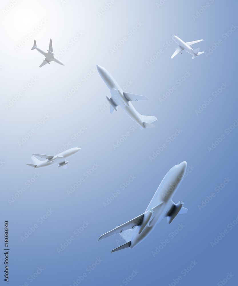 Five airplanes flying in different directions over the viewer