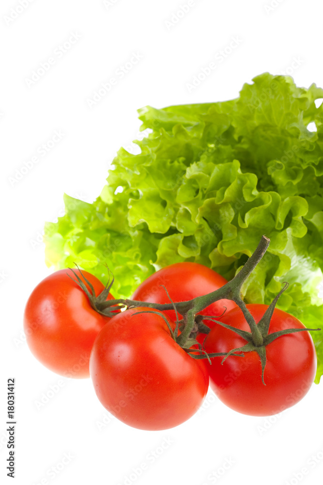 Ripe red tomatoes and green leaves of salad. Ripe red tomatoes and green leaves of salad.