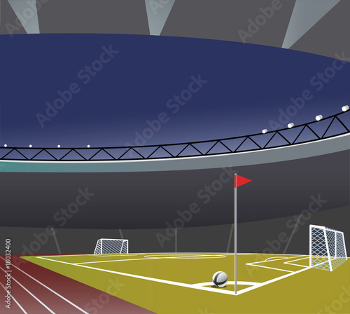 Soccer field and stadium view. Vector illustration.