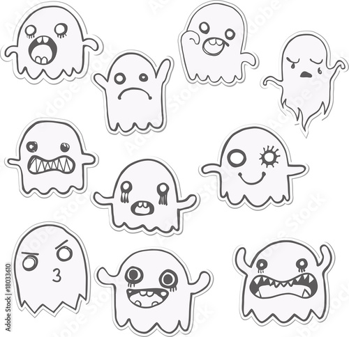 Set of 10 Cute Ghosts Stickers. Vector Image