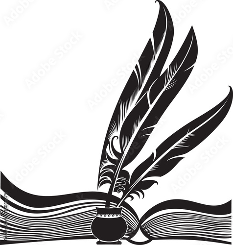 Black silhouette of the opened book and three quills