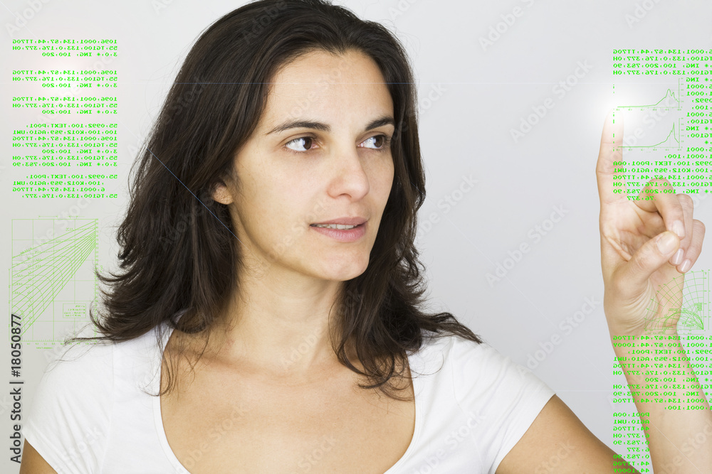 Young woman pointing on a virtual screen