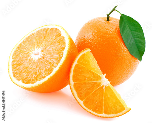 Whole orange, half of orange and orange segment.
