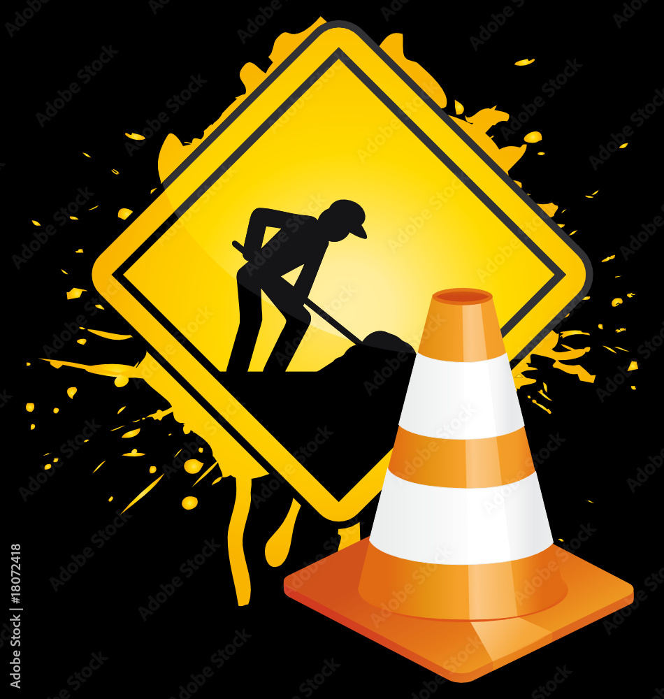 Under construction panel and traffic cone