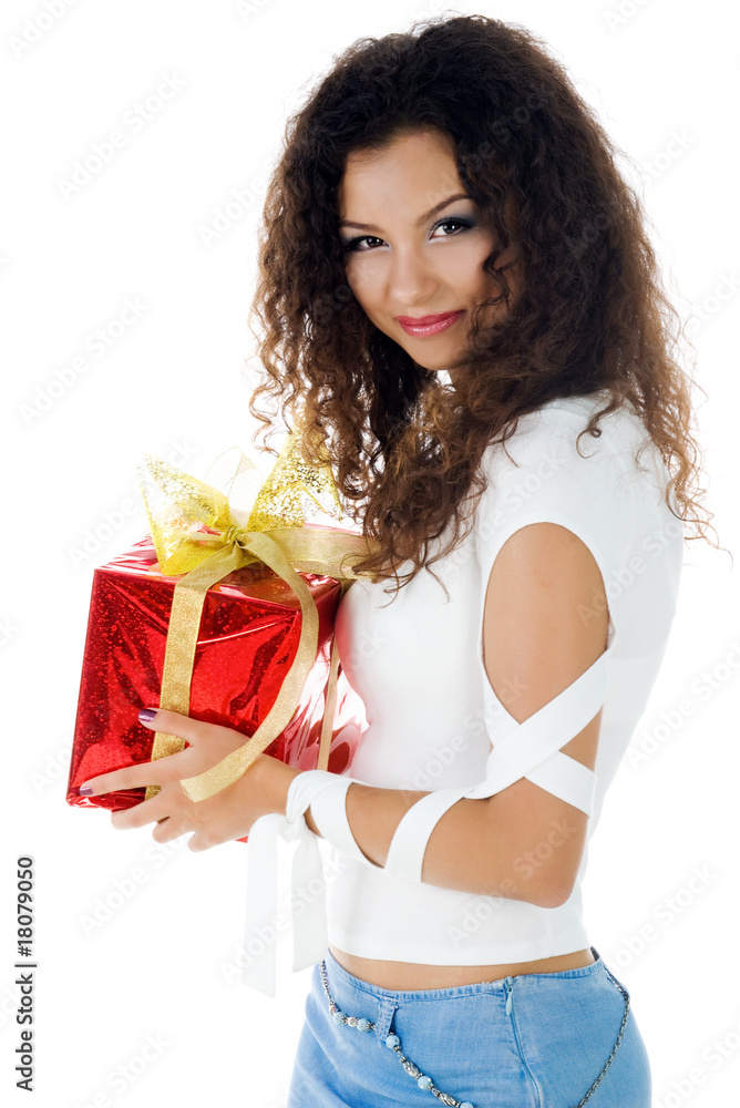 Pretty woman hold a christmas gift Pretty woman hold a christmas gift
