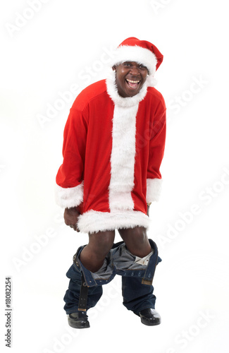 happy black santa claus caught with his pants down