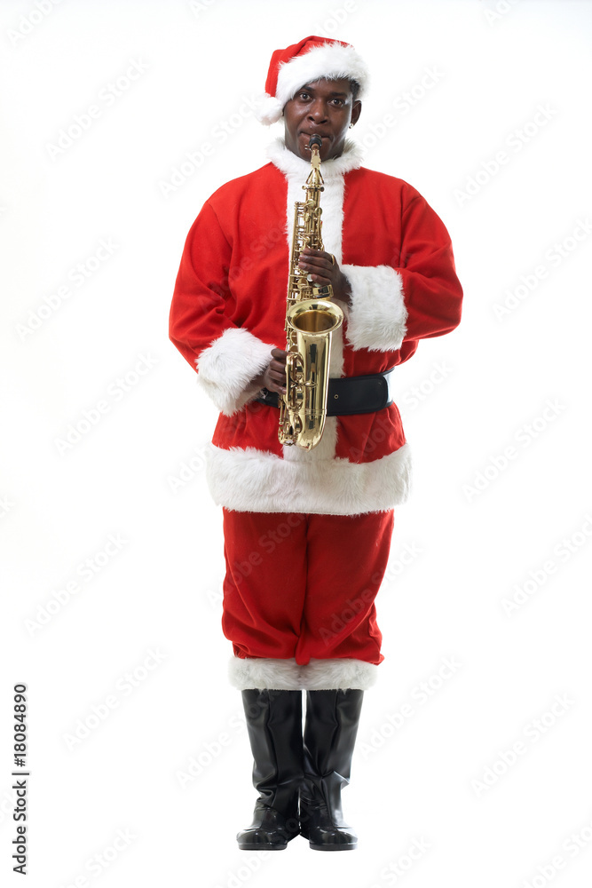 Naklejka premium black santa claus playing sax over white background