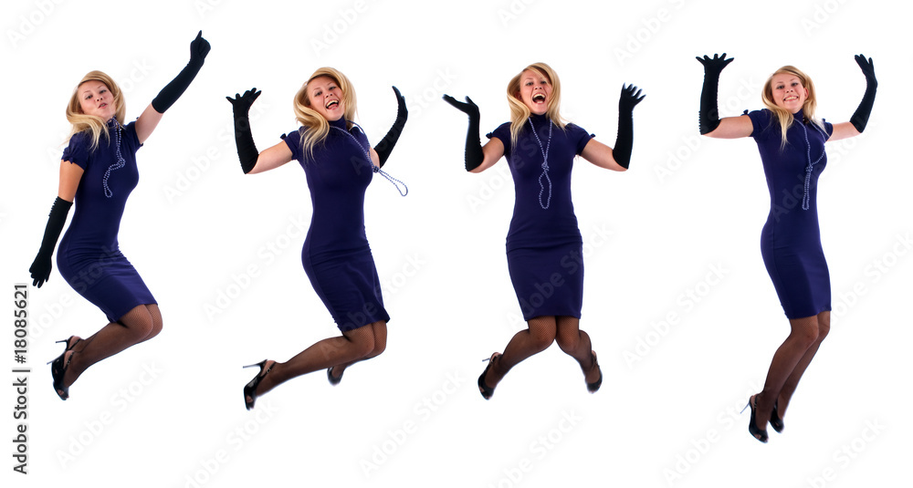 Beautiful woman jumping with joy isolated on white background Beautiful woman jumping with joy isolated on white background