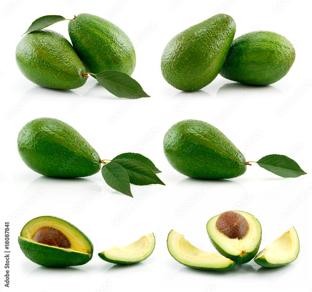 Set of Ripe Sliced Avocado Fruits Isolated on White