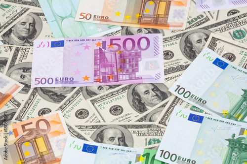 Dollars and euro banknote
