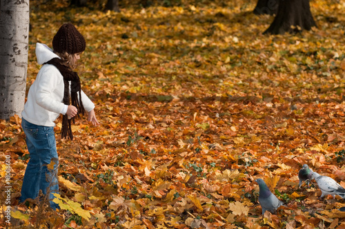 Little girl feeding birds in autumn park