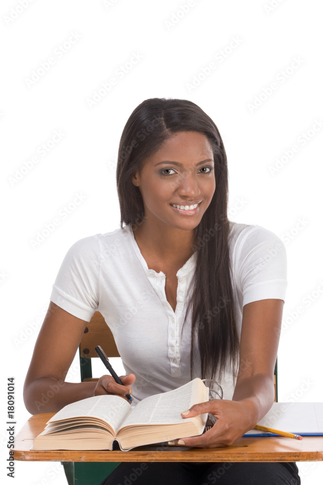 College student African American woman by desk College student African American woman by desk