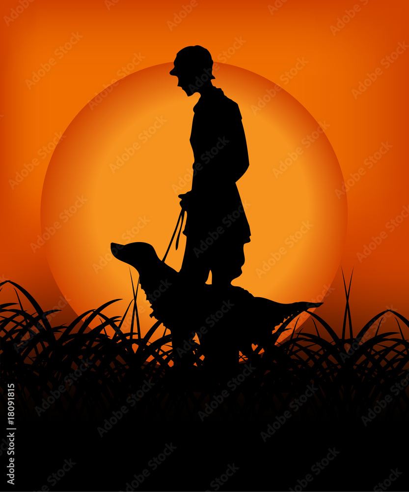 Obraz premium hunter with dog in the sunset